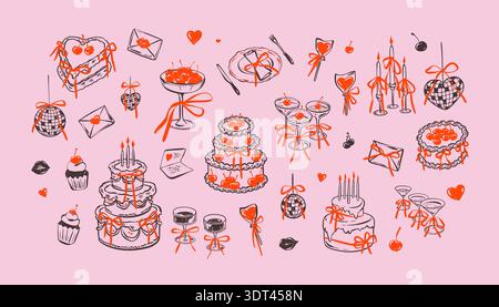 Set mit Happy Birthday Design-Elementen Ketch-Doodle-Zeichnungen. Geburtstagskuchen, Schleifendekoration, Discokugel-Ikonen. Kokette-Kirschdessert im skurrilen Stil. Stock Vektor