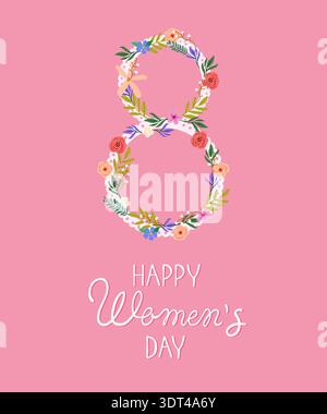 Blumendesign mit Nummer acht und Text für den Internationalen Frauentag auf rosafarbenem Hintergrund Stock Vektor