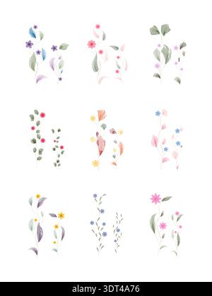 Neun verschiedene Aquarellbilder zeigen zarte Blätter und kleine Blumen. Stock Vektor