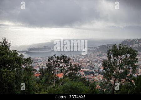 Blick auf den Hafen mit Kreuzfahrtschiffen an einem nebeligen und bewölkten Tag in Funchal, Madeira Stockfoto