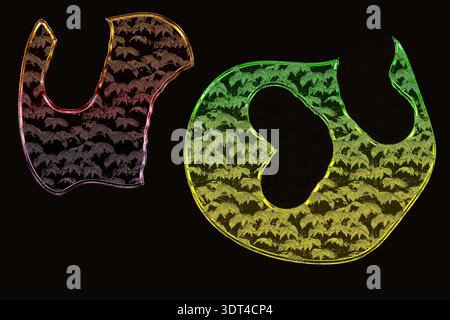 Eine Nahaufnahme zweier abstrakter Formen, eine rot-orange und die andere grün-gelb, beide gefüllt mit einem sich wiederholenden Muster von Blättern auf einem schwarzen Rücken Stockfoto