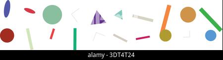 Abstrakte bunte geometrische Formen, einschließlich Kreise, Ellipsen, Dreiecke und Rechtecke, verstreut auf einem makellos weißen Hintergrund. Stock Vektor