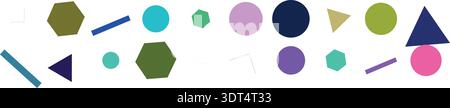 Dynamische Komposition farbenfroher geometrischer Formen, einschließlich Kreisen, Sechsecken, Dreiecken und Linien auf weißem Hintergrund. Stock Vektor
