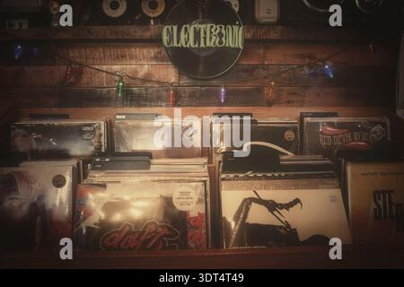 Schallplatten in einem beschrifteten Fach in einem unabhängigen Plattenladen mit verschiedenen Albumtiteln und Genres Stockfoto