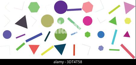 Farbenfrohe abstrakte geometrische Formen, darunter Kreise, Dreiecke, Sechsecke und Linien auf weißem Hintergrund. Stock Vektor