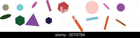 Eine Sammlung lebendiger, farbenfroher, verstreuter geometrischer Formen, einschließlich Kreisen, Sechsecken, Dreiecken und Linien auf weißem Hintergrund. Stock Vektor