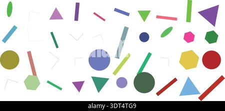 Lebendige, farbenfrohe geometrische Formen, darunter Kreise, Dreiecke und Sechsecke, verstreut auf einem sauberen weißen Hintergrund, bilden ein abstraktes Muster. Stock Vektor