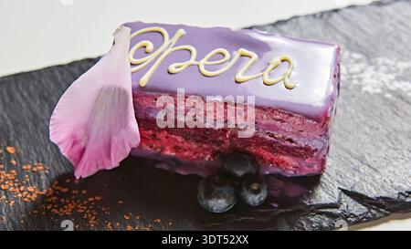 Moderne OPERA-Tortenscheibe mit leuchtender lila Glasur, zarter weißer Schokoladenkalligrafie und frischen Blaubeeren, ein vielseitiges Dessert, das r Stockfoto