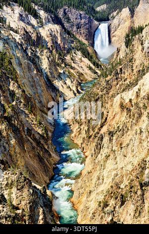 Wasser fließt durch den Canyon mit steilen Seiten im Yellowstone-Nationalpark. Ein Wasserfall ist in der Ferne sichtbar, umgeben von Natur. Stockfoto