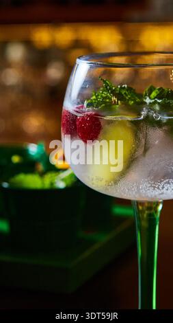 Cocktailerlebnis mit gekühltem Gin Tonic mit Himbeeren, Minze und Limette Stockfoto