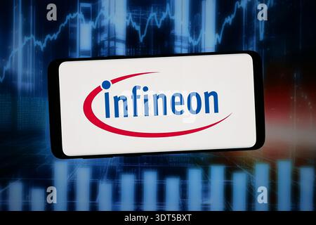 Stuttgart, Deutschland - 02.12.2026: In dieser Fotoabbildung ist das Logo der deutschen Infineon Technologies AG auf einem Smartphone zu sehen Stockfoto