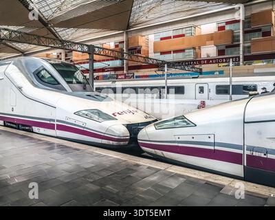 Hochgeschwindigkeitszüge der Renfe AVE am Bahnhof Saragoza-Delicias. Moderne Architektur des Verkehrsknotenpunktes. Saragossa, Spanien - 29. November 2021 Stockfoto