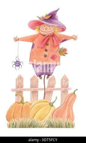 Niedliche Vogelscheuche mit Kürbissen und Spinne, Halloween Herbstillustration. Stockfoto