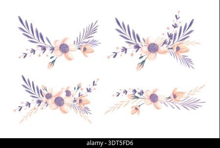 Blumenarrangements in Aquarellen mit Pfirsichblüten und violetten Blättern Stockfoto