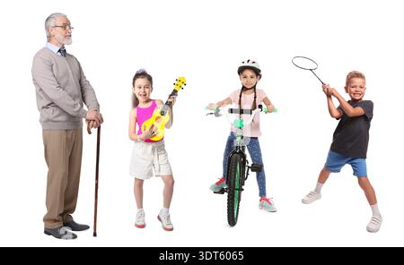 Opa verbringt Zeit mit seinen Enkeln auf weißem Hintergrund Stockfoto