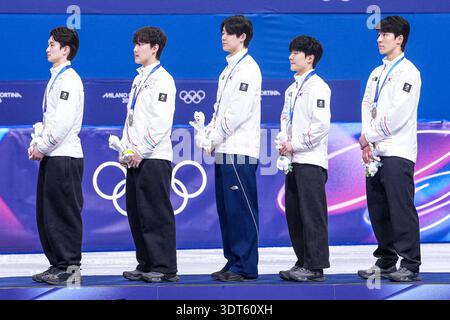 Mailand, Italien. Februar 2026. MAILAND, ITALIEN - 20. FEBRUAR: Jeongmin Lee aus der Republik Korea, Juni Seo Lee aus der Republik Korea, Jongun Rim aus der Republik Korea auf der Short Track Speed Skating am 16. Tag der Olympischen Winterspiele 2026 in Milano Cortina am 20. Februar 2026 in Mailand, Italien (Foto: Andre Weening/Orange Pictures) Credit: Orange Pics BV/Alamy Live News Stockfoto