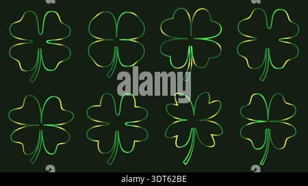 Grüner Farbverlauf vierblättrige Kleeblatt-Konturen, elegante Kleeblatt-Grafiken für Grafikdesign und Hintergründe Stock Vektor