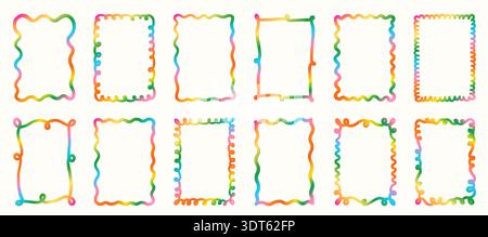 Bunte, gewellte Vektorrahmen mit Farbverlauf, kurvige rechteckige Kritzelränder für Kinder im Frühling und Sommer Stock Vektor