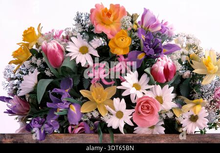 Ein Blumenarrangement wird auf weißem Hintergrund angezeigt. Das Design besteht aus rosa, gelben, lila und weißen Blumen, die zusammen gemischt werden. Die Szene wird aufgenommen Stockfoto