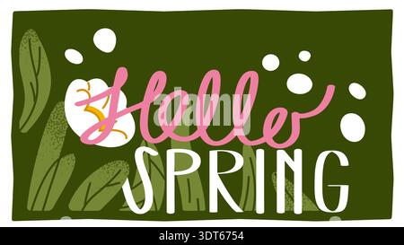 Schriftzug im Frühlingsstil mit botanischen Elementen und abstrakten Formen. Im Mittelpunkt steht ein typografisches Arrangement, kombiniert mit Blume und Stock Vektor