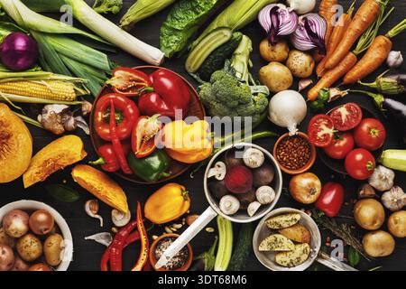 Auf einem dunklen Tisch werden verschiedene Gemüsesorten verteilt Stockfoto