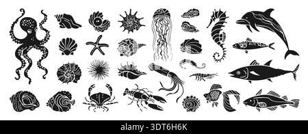 Unterwasser Meereslebewesen Grunge Hand gezeichneter Stempel Vektor Illustration Set. Kraken, Seepferdchen nautilus Muschelfische Krabben, Hummer Seesterne Muscheln. Moderne Kunstdruckschablone, Küstenmeer-Retro-Stimmung Stock Vektor