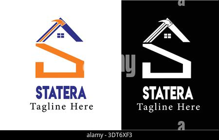 Moderne Konstruktion Logo Design Vorlage | Dachdecker Reparatur Branding | Hammer Dach Haus Baumeister Vektormarke | Immobilienunternehmer Unternehmen archi Stock Vektor