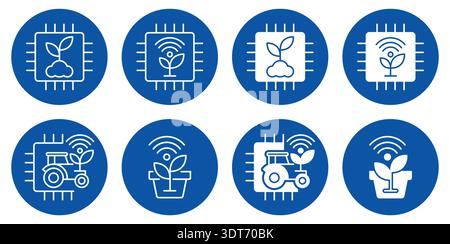 Eine Reihe digitaler Symbole für die Landwirtschaft, die moderne Landwirtschaftstechniken und Nachhaltigkeitsthemen veranschaulichen. Betont die Rolle der Technologie bei der Förderung des Ernteguts Stock Vektor