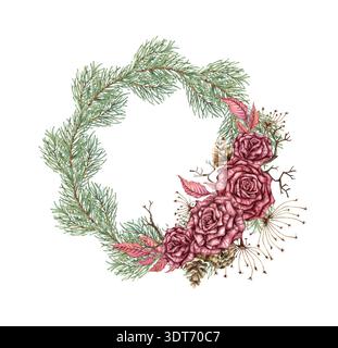 Kranz Rosen Tannenzapfen getrocknete Blumen Zweige Steampunk Aquarell Stockfoto