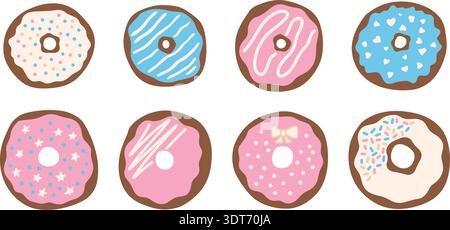 Sammlung niedlicher Donuts in Pastellfarben mit verschiedenen Belägen. Handgezeichnete süße Dessertelemente für Aufkleber, Planer, Kinderdesigns, Einladungen und Bak Stock Vektor