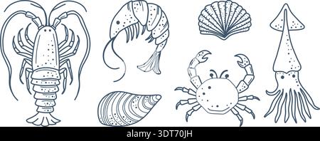 Ein einfaches Set mit Meeresfrüchteelementen in farbigen und umrissenen Stilen. Ideal für moderne Verpackungen und kreative Layouts. Stock Vektor