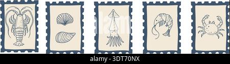 Dekorative Briefmarken im Vintage-Stil mit Meeresfrüchteelementen. Küsten-inspiriertes Set, geeignet für Verpackung, Branding, Poster und kreative Projekte Stock Vektor