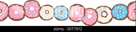 Nahtloser horizontaler Rand mit pastellfarbenen Donuts. Niedliche handgezeichnete Art, süßes Bäckerei Thema, perfekt für Karten, Verpackungen, Banner, und verspielte Designs. Stock Vektor