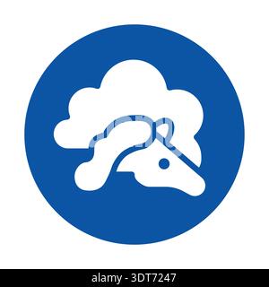 Die markante blaue Silhouette zeigt einen Pferdekopf, der von einer Wolke umgeben ist, in einem kreisförmigen Design, perfekt für Branding oder künstlerische Projekte im Zusammenhang mit Natur Stock Vektor