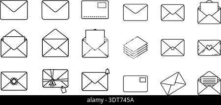 Satz des Symbols für Briefumschläge in linearer Form. Geschlossener Umschlag, geöffneter Brief, mit Häkchen und E-Mail. Bearbeitbare Kontur. E-Mail-Symbol Stock Vektor