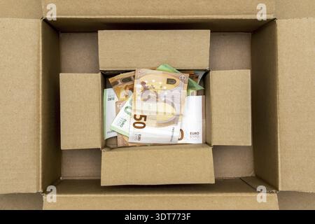 Ersparnisse, Spenden oder versteckte Vermögenswerte in einer Pappschachtel. Boxen mit Euro-Währung. Konzeptionelles Bild Stockfoto