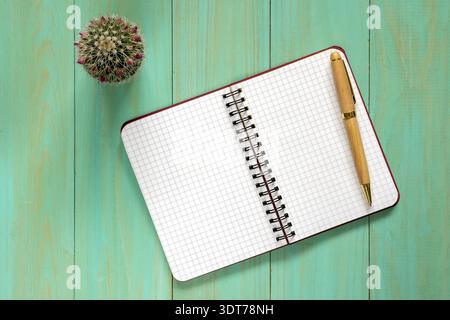 Kleiner Kakteen und offenes Notizbuch auf dem Tisch. Draufsicht Stockfoto