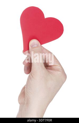 Ein rotes Herz in der Hand, isoliert auf weißem Hintergrund Stockfoto