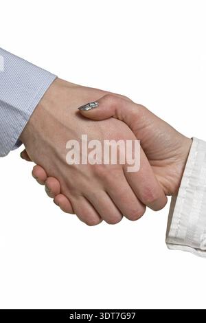Handshake zwischen Unternehmer und Unternehmerin. isoliert auf weiss Stockfoto