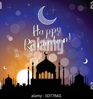 Glückliche Ramadan-Grußkarte mit Moschee Silhouette auf Bokeh Hintergrund - Vektor-Illustration Stock Vektor