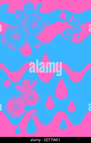 Abstrakte blaue und rosafarbene Wellen mit Tropfen und Blumen leuchtendes rosa und blaue Fluidwellen floraler Hintergrund Stockfoto