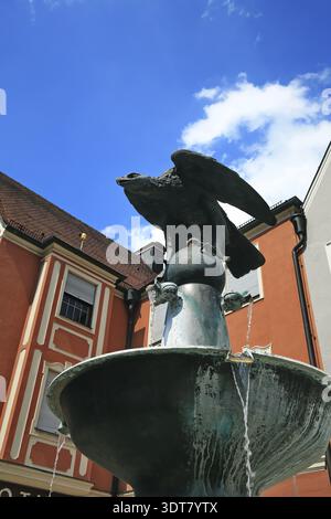 Adlerbrunnen vor historischen Gebäuden in der Altstadt von Donauwoerth, Donauwoerth, Bayern, Deutschland Stockfoto
