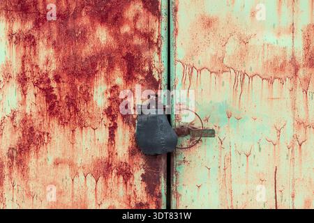 Nahaufnahme des Vorhängeschlosses und der alten Metallspange und der Klammer An einer rostigen Metalltür Stockfoto