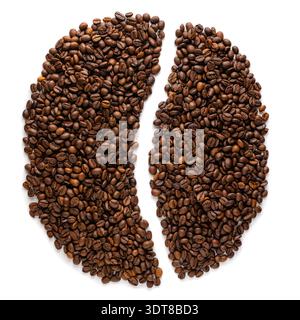 Konzeptkunst einer großen Kaffeebohne, die aus Hunderten von kleinen Bohnen besteht, die auf weißem Hintergrund für Logo und Branding isoliert sind. Stockfoto