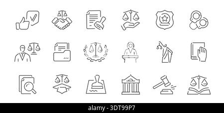 Symbole für die Linien „Recht“ und „Gerechtigkeit“ gesetzt. Symbole für Gericht, Anwalt, Richter, Rechtsdokumente Stock Vektor
