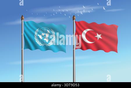Die Vereinten Nationen und die Türkei fahnen die Beziehung zum Himmel Stock Vektor