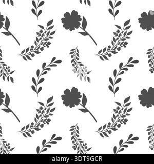 Elegantes nahtloses Schwarz-weiß-Muster mit Silhouetten aus Gänseblümchen und Zweigen. Handgezeichnet, weißer Hintergrund. Für Tapeten, Stoff, Textilien, Inneneinrichtung, Schreibwaren, Geschenkpapier Stockfoto