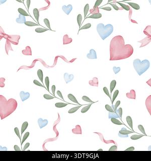Zartes, nahtloses Aquarellmuster mit rosa und blauen Herzen, grünen Zweigen, Bändern und Schleifen. Handgezeichnet, weißer Hintergrund. Für romantische Designs, Tapeten, Geschenkverpackungen und schöne Verpackungen Stockfoto