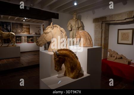 Hervas, Spanien - 24. November 23: Blick auf die Galerie mit mehreren Terrakotta-Pferdekopfskulpturen und Museumsausstellungen im Pérez Comendador-Leroux Museum in Hervás Stockfoto