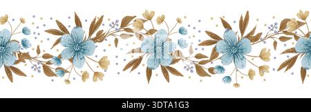 Ein nahtloses Muster aus blauen und beigen Blumensträußen in einem sanften Aquarellstil. Ein zartes Federdesign, ideal für Stoff und Tapeten Stockfoto